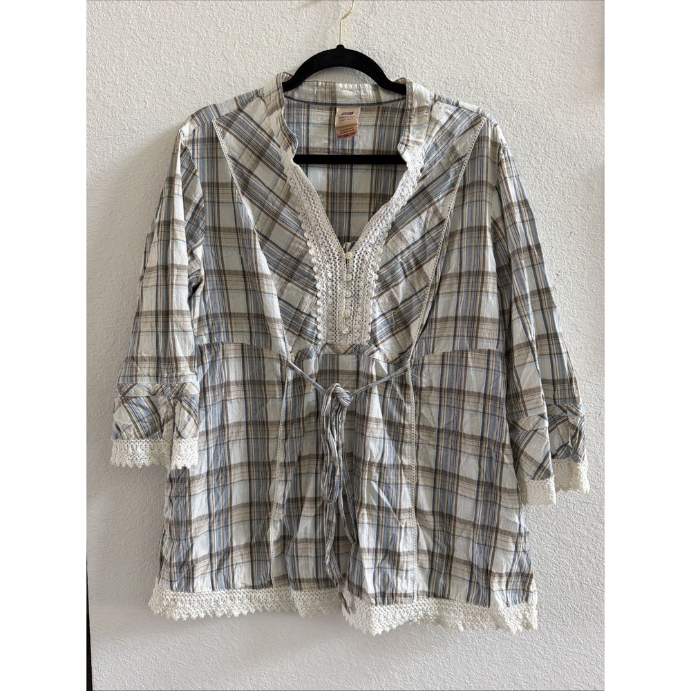 VTG Faded Glory Womens Blue & White Plaid Lace Trim ButtonUp Top Front Tie Sz 2X